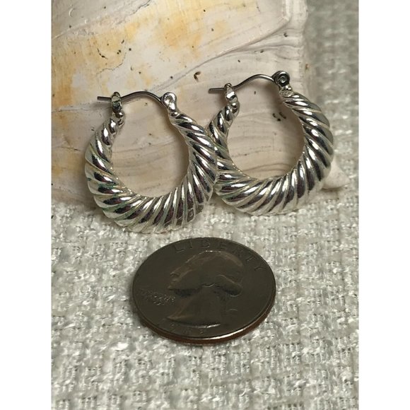Two Pair of Silver Tone Earrings-One Pair Twisted Rope Hoops-One pair Oval Discs - Picture 6 of 8